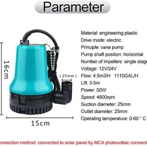 Tauchpumpe, DC 12V/24V Elektrische Solar Tauchpumpe Wasser Brunnenpumpe, 1.5 m Anschlusskabel, Fördervolumen 4500L/H, Edelstahlwelle, für Schwimmbad, Bauernhof, Weide (Blau/24V) 18