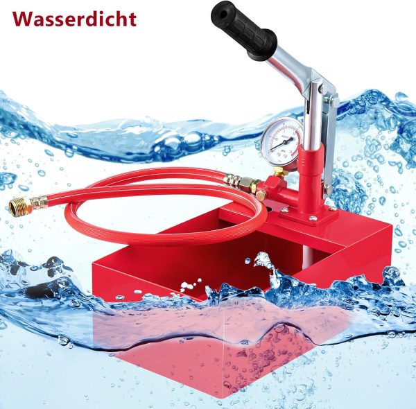 Trintion Abdrückpumpe 5 Liter Manuelle Prüfpumpe 25Bar Aluminiumguss Befüllpumpe mit 1/2" Hochdruckschlauch für Dichtheitsprüfung von Wasser und Heizungsrohren (Rot) 2