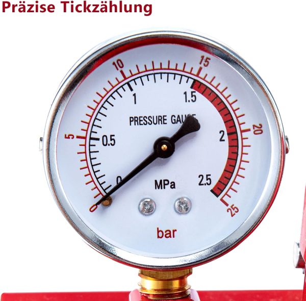 Trintion Abdrückpumpe 5 Liter Manuelle Prüfpumpe 25Bar Aluminiumguss Befüllpumpe mit 1/2" Hochdruckschlauch für Dichtheitsprüfung von Wasser und Heizungsrohren (Rot) 5