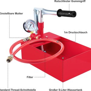 Trintion Abdrückpumpe 5 Liter Manuelle Prüfpumpe 25Bar Aluminiumguss Befüllpumpe mit 1/2" Hochdruckschlauch für Dichtheitsprüfung von Wasser und Heizungsrohren (Rot) 20