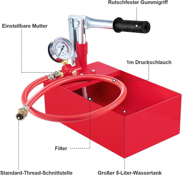 Trintion Abdrückpumpe 5 Liter Manuelle Prüfpumpe 25Bar Aluminiumguss Befüllpumpe mit 1/2" Hochdruckschlauch für Dichtheitsprüfung von Wasser und Heizungsrohren (Rot) 7