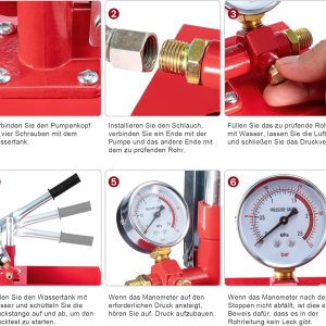 Trintion Abdrückpumpe 5 Liter Manuelle Prüfpumpe 25Bar Aluminiumguss Befüllpumpe mit 1/2" Hochdruckschlauch für Dichtheitsprüfung von Wasser und Heizungsrohren (Rot) 22