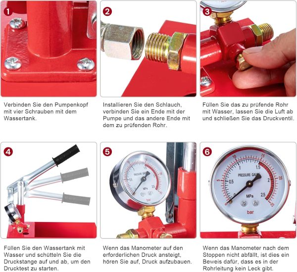 Trintion Abdrückpumpe 5 Liter Manuelle Prüfpumpe 25Bar Aluminiumguss Befüllpumpe mit 1/2" Hochdruckschlauch für Dichtheitsprüfung von Wasser und Heizungsrohren (Rot) 8