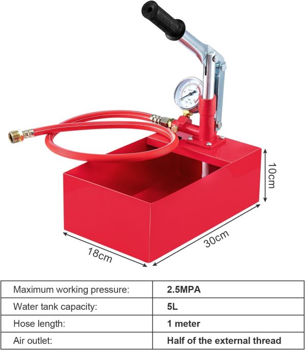 Trintion Abdrückpumpe 5 Liter Manuelle Prüfpumpe 25Bar Aluminiumguss Befüllpumpe mit 1/2" Hochdruckschlauch für Dichtheitsprüfung von Wasser und Heizungsrohren (Rot) 9