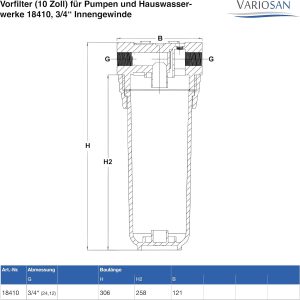 VARIOSAN Vorfilter (10 Zoll) für Pumpen und Hauswasserwerke 18410, 3/4" Innengewinde, 8 bar, 6.000 l/h Durchflussmenge, 0,06 mm Maschenweite 9