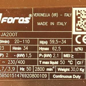 FORAS JA200T Selbstansaugende elektrische Kreiselpumpe, made in Italy, Dauerbetrieb, 400V, 1.5 kW, 110 L/min, 62,5m m 9