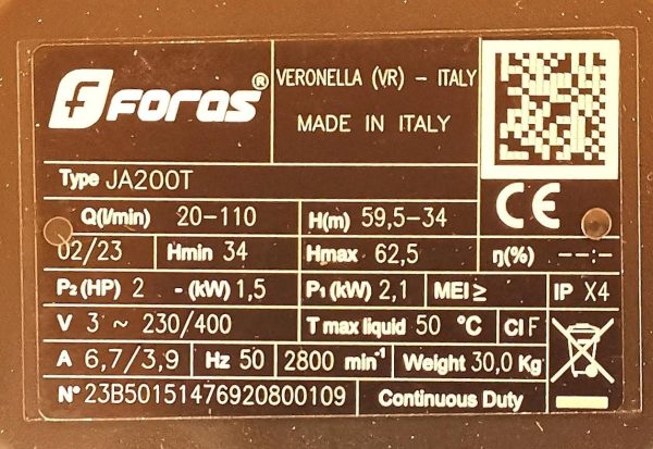 FORAS JA200T Selbstansaugende elektrische Kreiselpumpe, made in Italy, Dauerbetrieb, 400V, 1.5 kW, 110 L/min, 62,5m m 3