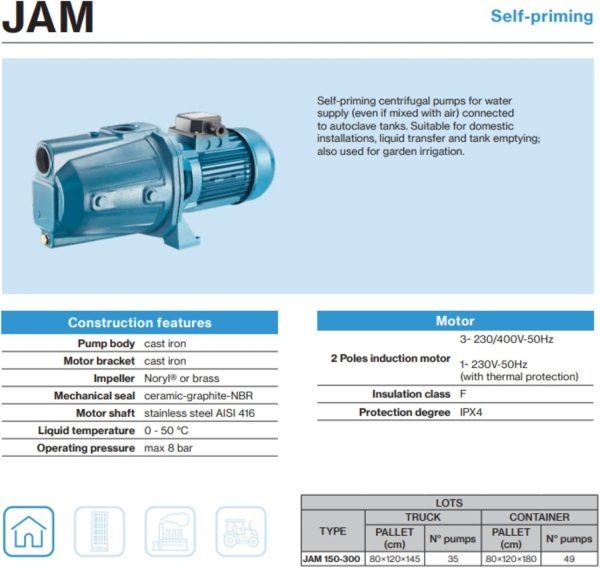 FORAS JAM150T Selbstansaugende elektrische Kreiselpumpe, made in Italy, Dauerbetrieb, 400V, 1.1 kW, max. 120 L/min, 50m 2