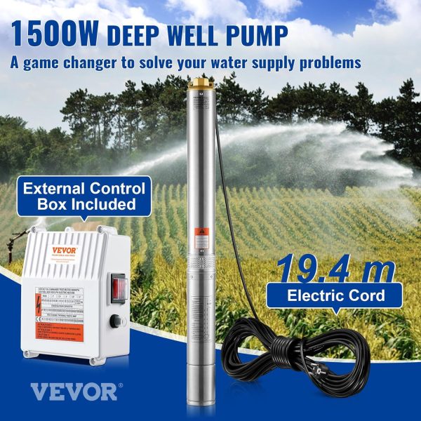 VEVOR Tiefbrunnen-Tauchpumpe, 1500 W, 230 V, 60 Hz, 9,8 m³/h, 108 m Förderhöhe, mit 19,4 m Kabel und externer Steuerbox, Edelstahl-Wasserpumpen für Industrie, Bewässerung und Heimgebrauch, IP68 2