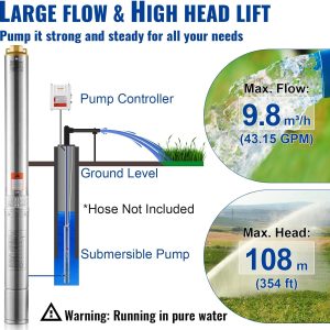 VEVOR Tiefbrunnen-Tauchpumpe, 1500 W, 230 V, 60 Hz, 9,8 m³/h, 108 m Förderhöhe, mit 19,4 m Kabel und externer Steuerbox, Edelstahl-Wasserpumpen für Industrie, Bewässerung und Heimgebrauch, IP68 12