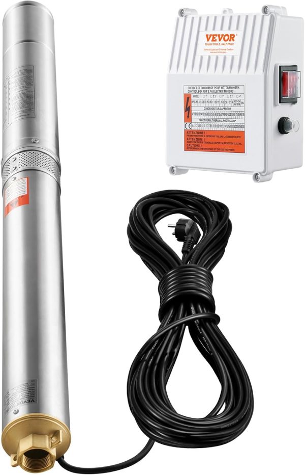 VEVOR Tiefbrunnen-Tauchpumpe, 1500 W, 230 V, 60 Hz, 9,8 m³/h, 108 m Förderhöhe, mit 19,4 m Kabel und externer Steuerbox, Edelstahl-Wasserpumpen für Industrie, Bewässerung und Heimgebrauch, IP68 9