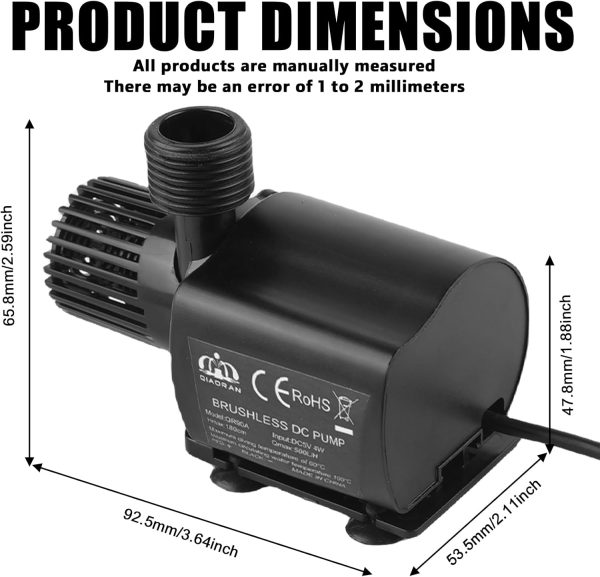 Außengewinde USB Wasserpumpe Set, 500L/H 4W Tauchpumpen, USB Aquariumpumpe Klein Fontäne Pumpe mit 1,5M Kabel 2 Messing Düse, Mini Wasserpumpe Filterpumpe für Aquarium 2