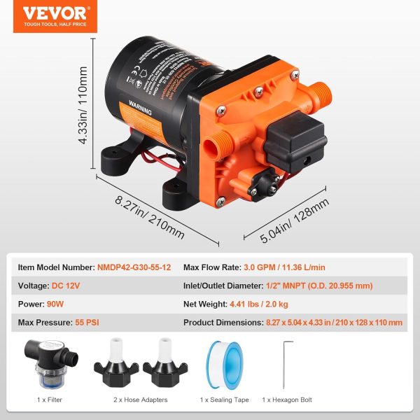 VEVOR 12-V-Membranpumpe, 11,36 L/min, 4-Kammer-DC-Wasserpumpe mit automatischem Druckschalter 40–100 PSI einstellbar, 55 PSI, 1/2 Zoll MNPT-Anschluss, für Wohnmobil, Yacht, Imbisswagen, Camper, Marine 7