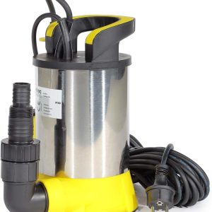 Wiltec Tauchpumpe mit Schwimmer Edelstahl 400 W, flachabsaugende Pumpe bis 1 mm, Tiefbrunnenpumpe bis 7 m Tiefe, Flachsaugerpumpe für Klarwasser 18