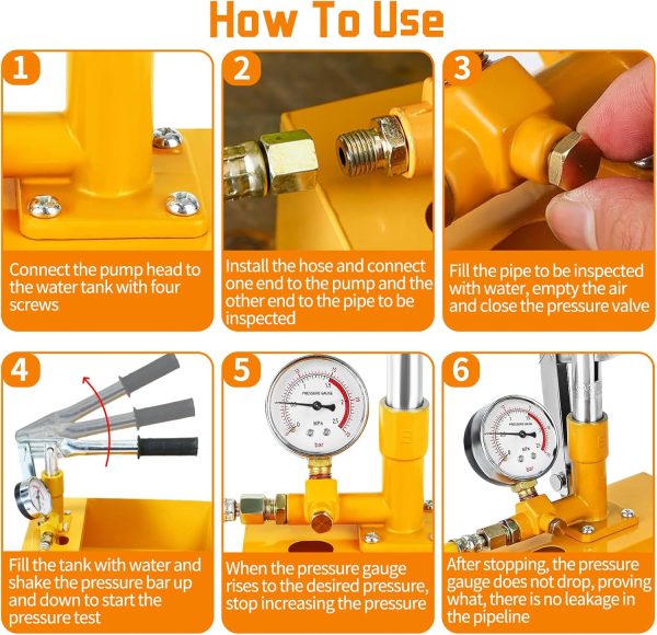 5 Liter 0-25 Bar Manuelle Prüfpumpe mit 1 Meter G1/2 Hochdruckschlauch, 25KG Abdrückpumpe für Dichtheitsprüfung, Druckprüfpumpe, Befüllpumpe, Wasserdruckprüfgerät, Testpumpe für Rohrleitungen(Gelb) 2