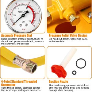 5 Liter 0-25 Bar Manuelle Prüfpumpe mit 1 Meter G1/2 Hochdruckschlauch, 25KG Abdrückpumpe für Dichtheitsprüfung, Druckprüfpumpe, Befüllpumpe, Wasserdruckprüfgerät, Testpumpe für Rohrleitungen(Gelb) 9