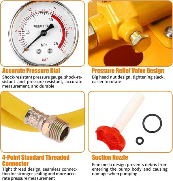 5 Liter 0-25 Bar Manuelle Prüfpumpe mit 1 Meter G1/2 Hochdruckschlauch, 25KG Abdrückpumpe für Dichtheitsprüfung, Druckprüfpumpe, Befüllpumpe, Wasserdruckprüfgerät, Testpumpe für Rohrleitungen(Gelb) 3