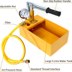 5 Liter 0-25 Bar Manuelle Prüfpumpe mit 1 Meter G1/2 Hochdruckschlauch, 25KG Abdrückpumpe für Dichtheitsprüfung, Druckprüfpumpe, Befüllpumpe, Wasserdruckprüfgerät, Testpumpe für Rohrleitungen(Gelb) 11