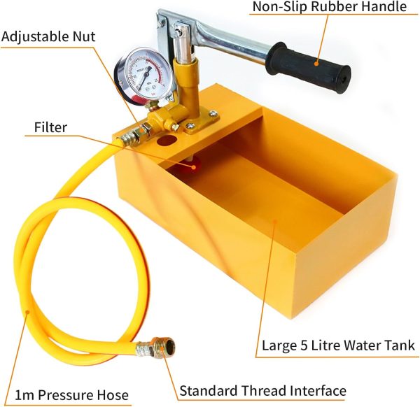 5 Liter 0-25 Bar Manuelle Prüfpumpe mit 1 Meter G1/2 Hochdruckschlauch, 25KG Abdrückpumpe für Dichtheitsprüfung, Druckprüfpumpe, Befüllpumpe, Wasserdruckprüfgerät, Testpumpe für Rohrleitungen(Gelb) 4