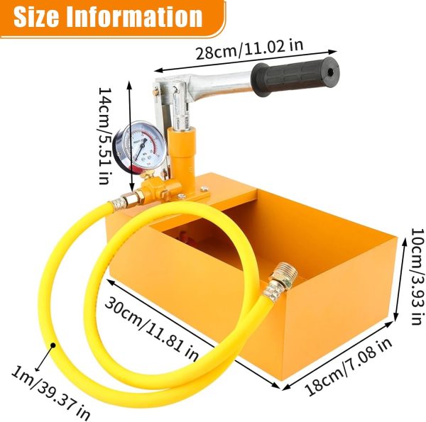 5 Liter 0-25 Bar Manuelle Prüfpumpe mit 1 Meter G1/2 Hochdruckschlauch, 25KG Abdrückpumpe für Dichtheitsprüfung, Druckprüfpumpe, Befüllpumpe, Wasserdruckprüfgerät, Testpumpe für Rohrleitungen(Gelb) 5